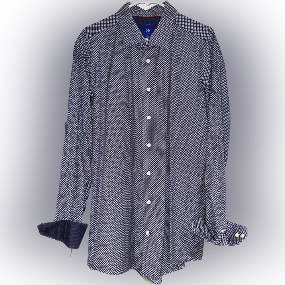 NWOT - EGARA Non-Iron Casual Dress Shirt Navy Blue  Flip Cuff 100% Cotton - XLT
